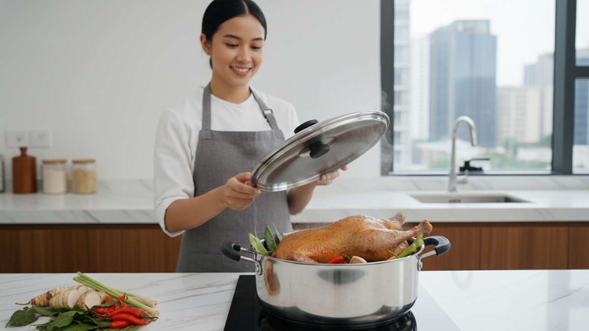 Proses memasak bebek menggunakan panci presto untuk menghasilkan daging empuk. 