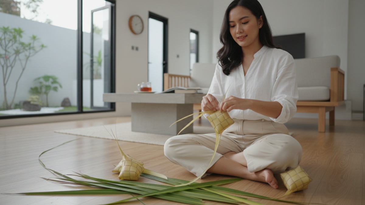 Langkah-langkah dasar menganyam daun kelapa menjadi bentuk kotak ketupat. 