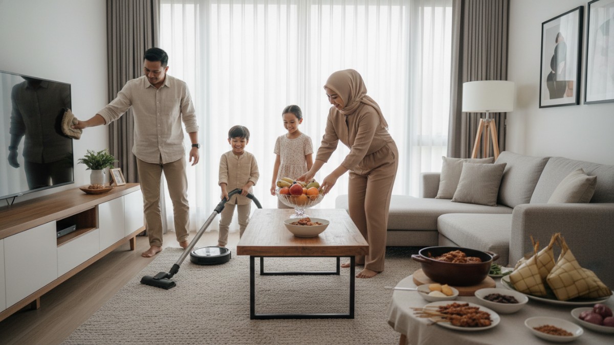 Suasana keluarga membersihkan rumah dan menyiapkan hidangan menjelang Lebaran di ruang tamu rumah. 