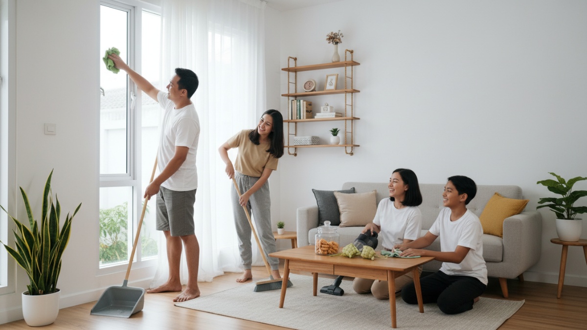 Aktivitas keluarga membersihkan rumah menjelang Idul Fitri. 