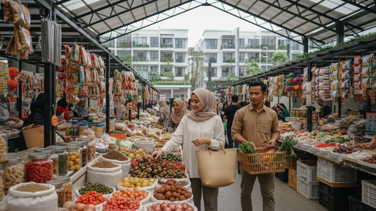 Belanja kebutuhan rumah tangga menjelang hari raya di pasar. 