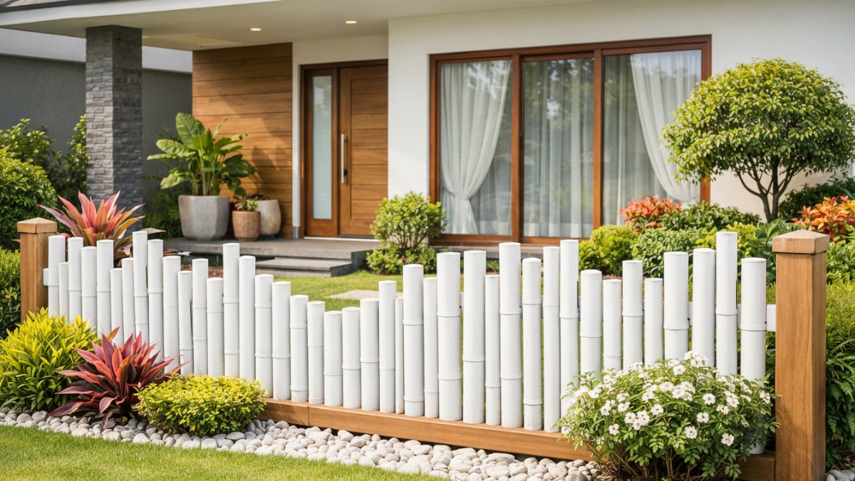 Pagar pipa PVC dekoratif halaman depan.
