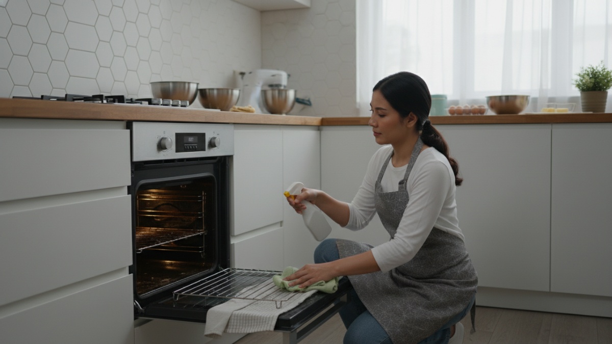 Membersihkan oven dapur sebelum membuat kue Lebaran agar panggangan matang merata dan dapur tetap higienis. 