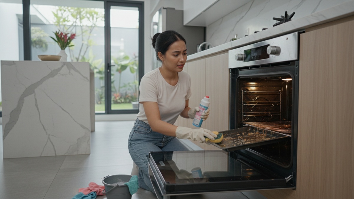 Oven dapur dengan sisa remah kue dan minyak yang perlu dibersihkan sebelum memanggang. 