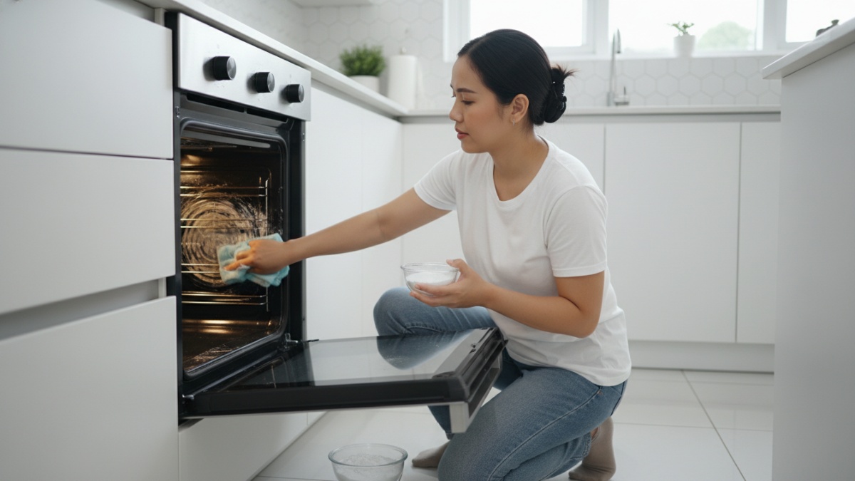 Proses membersihkan bagian dalam oven menggunakan baking soda dan kain lembap. 