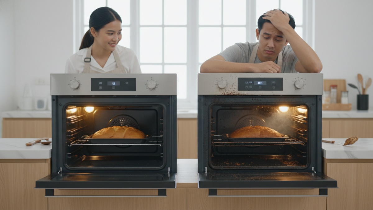 Perbandingan oven bersih dan oven kotor saat digunakan memanggang kue. Perbandingan oven bersih dan oven kotor saat digunakan memanggang kue. 