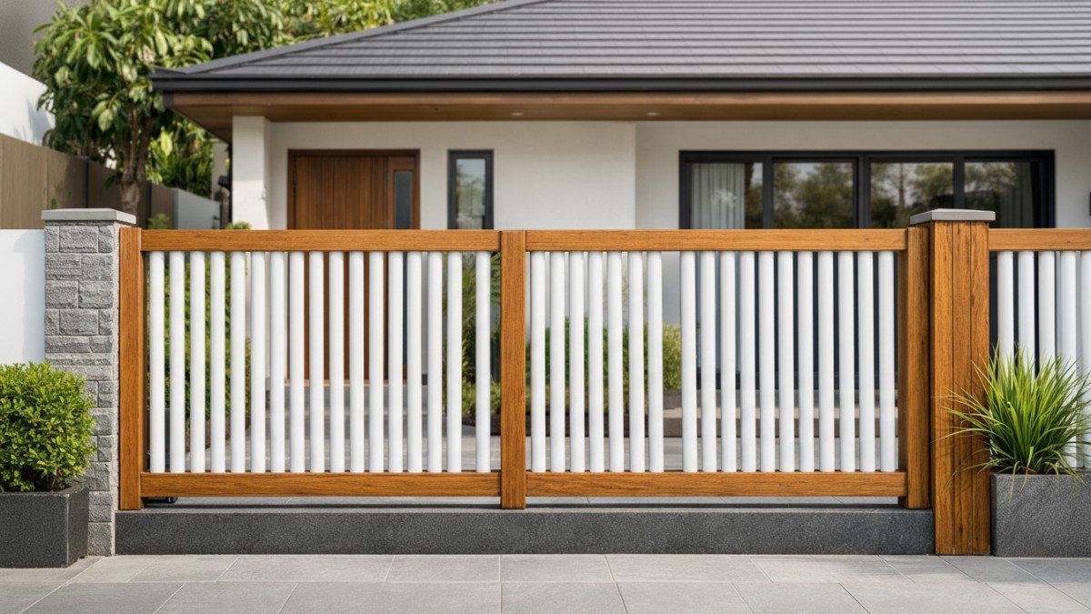 Pagar pipa PVC rangka kayu.