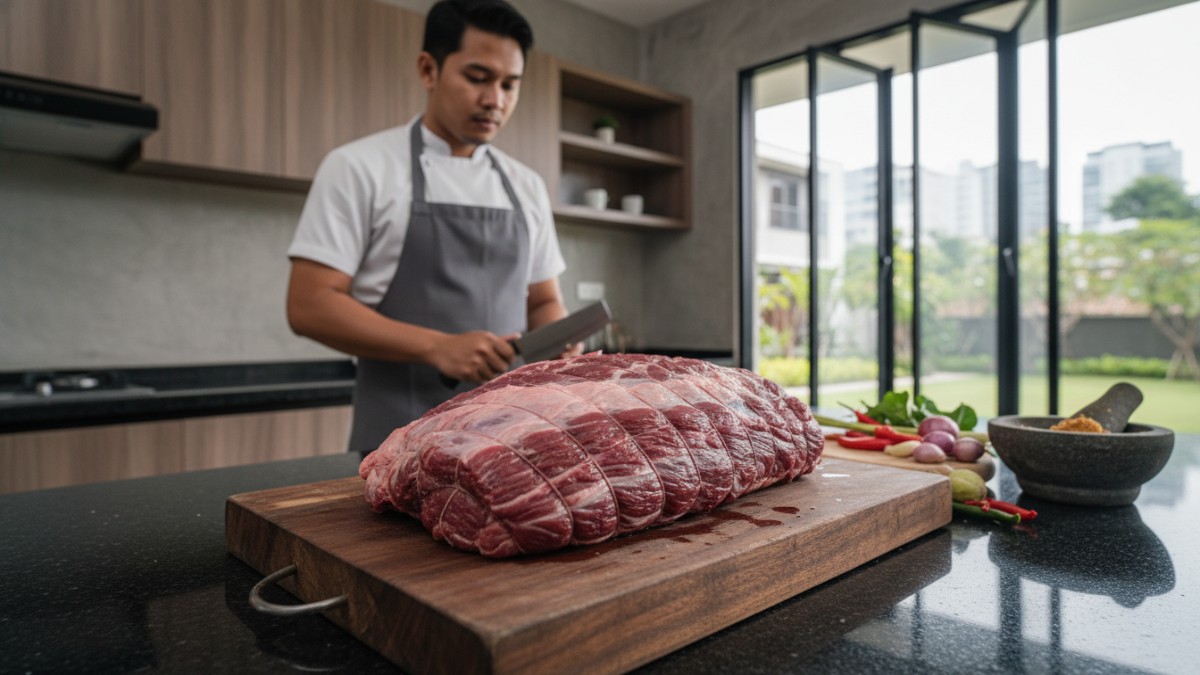 Potongan daging kerbau mentah memperlihatkan serat otot padat yang mempengaruhi tekstur saat dimasak. 