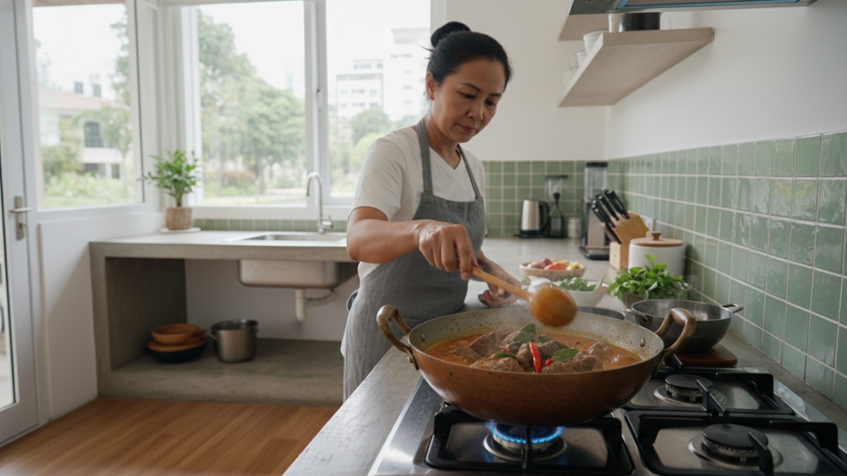 Dapur rumahan sedang memasak gulai daging kerbau dengan api kecil. 