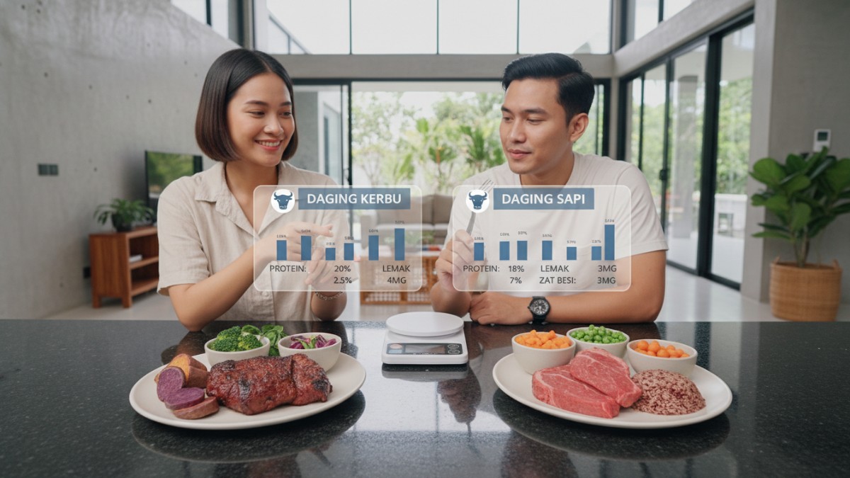 Perbandingan kandungan gizi daging kerbau dan sapi dalam bahan pangan. 