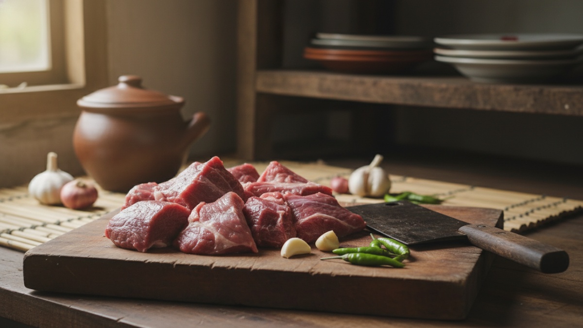Potongan daging kerbau mentah di talenan dapur sebelum proses penyimpanan.