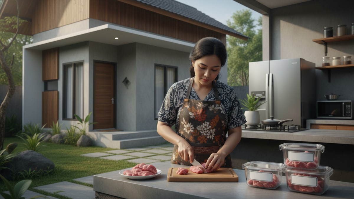 Pilah daging sesuai porsi masak Memotong daging sesuai kebutuhan memasak membantu mengurangi proses buka tutup kemasan. Jika satu potong besar terus dikeluarkan dari kulkas, suhu naik turun sehingga b