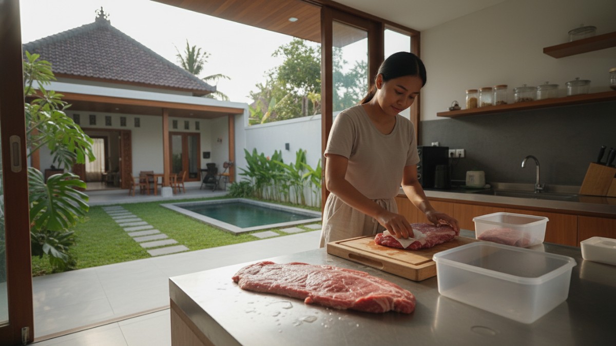 Lap daging sebelum disimpan Air di permukaan daging sering menjadi tempat mikroorganisme berkembang. Cukup keringkan dengan tisu dapur bersih sebelum masuk wadah.