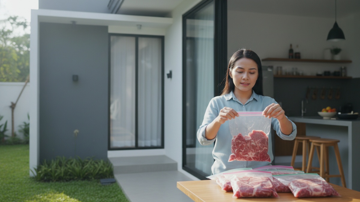 Gunakan teknik vakum sederhana Jika kada punya mesin vacuum sealer, kantong ziplock bisa dipakai. Tekan udara keluar sebelum ditutup rapat. Cara sederhana ini cukup efektif menjaga kualitas daging beb