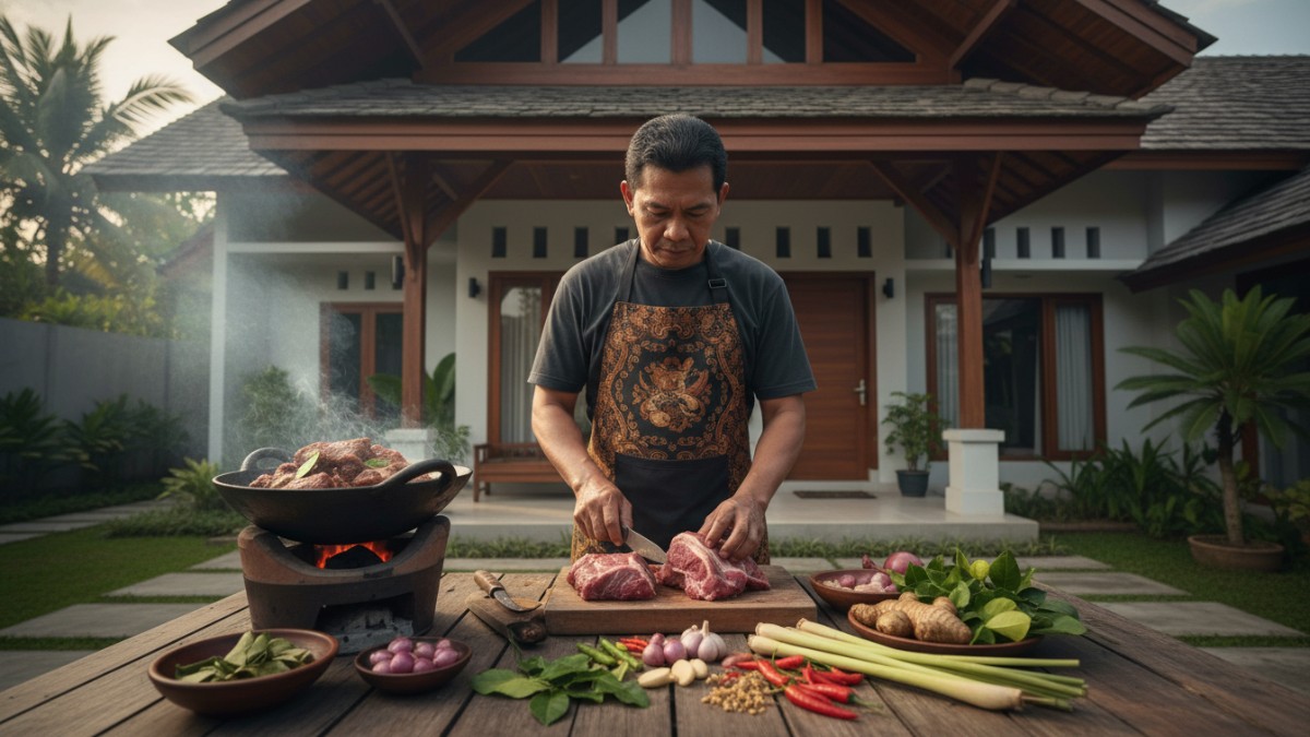 Proses mengolah daging kerbau dengan bumbu dapur tradisional seperti serai, jahe, dan daun jeruk untuk menyeimbangkan aroma khas.
