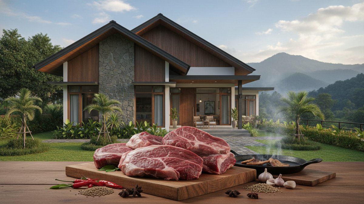 Potongan daging kerbau segar dengan warna merah gelap menunjukkan karakter alami daging berprotein tinggi.