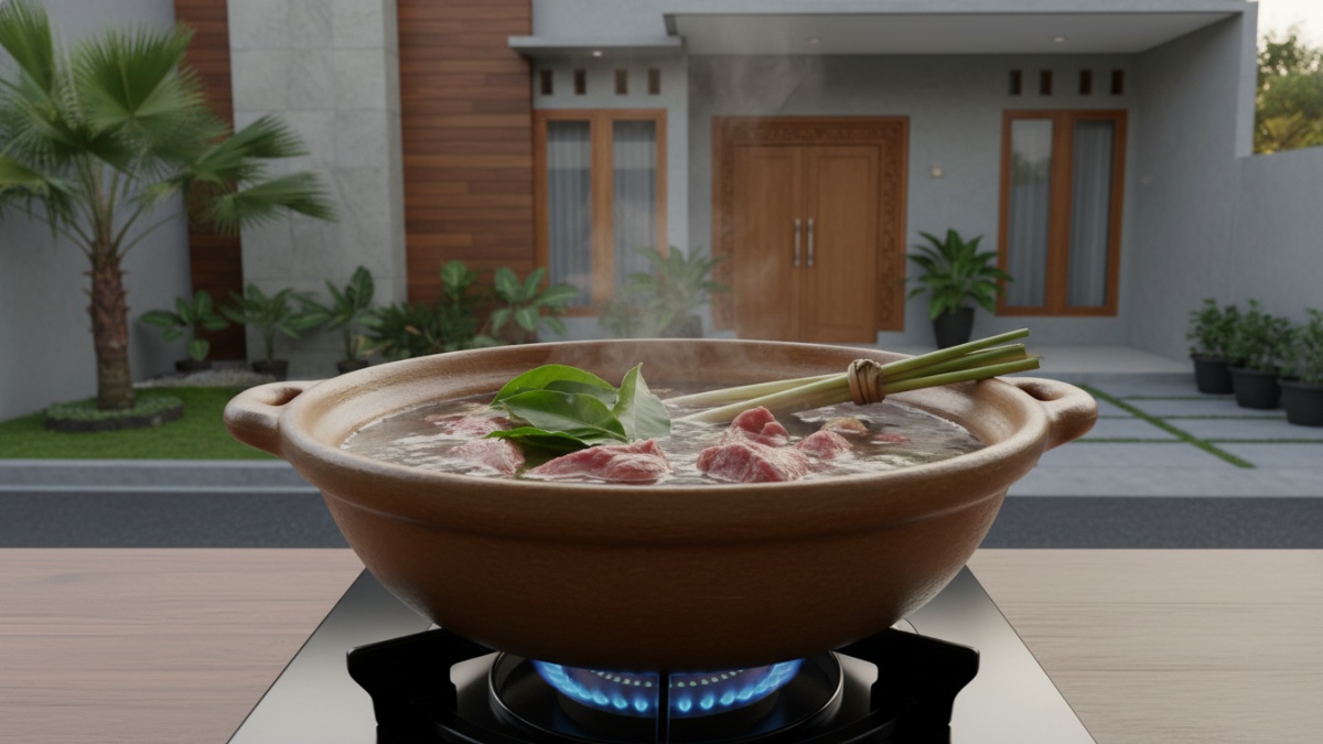 Rebus awal bersama daun salam dan serai Teknik pre-boiling atau perebusan awal cukup sering digunakan pada masakan tradisional. Serai dan daun salam memberikan aroma segar yang membantu menyeimbangkan