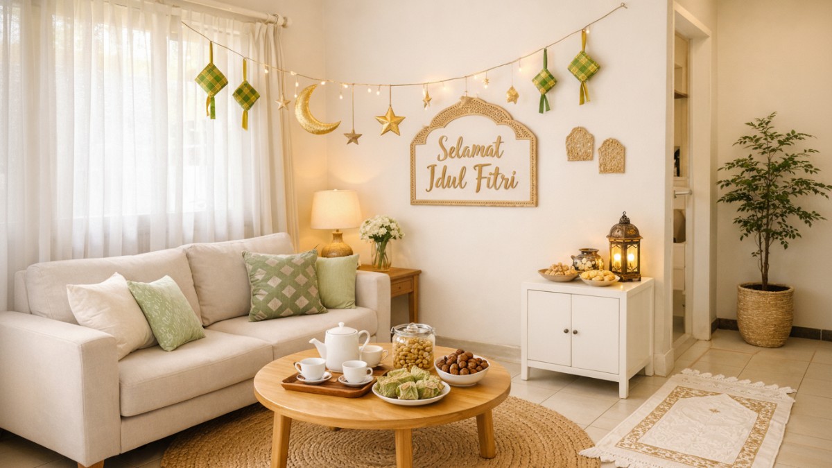 Ruang tamu minimalis suasana Lebaran di rumah kecil dengan dekor sederhana, warna terang, dan pencahayaan alami yang hangat.