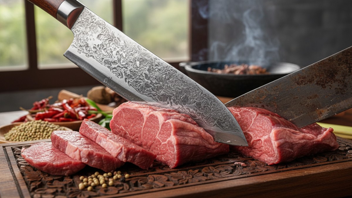 Gunakan pisau tajam dan lebar Pisau tumpul merusak struktur daging karena menekan serat, bukan memotongnya. Pisau tajam menghasilkan potongan bersih dan menjaga tekstur daging.