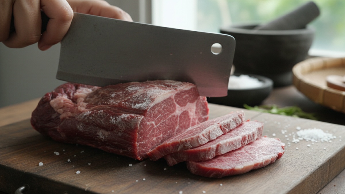 Potong saat daging setengah dingin Daging yang baru keluar dari freezer dan masih sedikit kaku lebih mudah dipotong rapi dibanding daging suhu ruang.