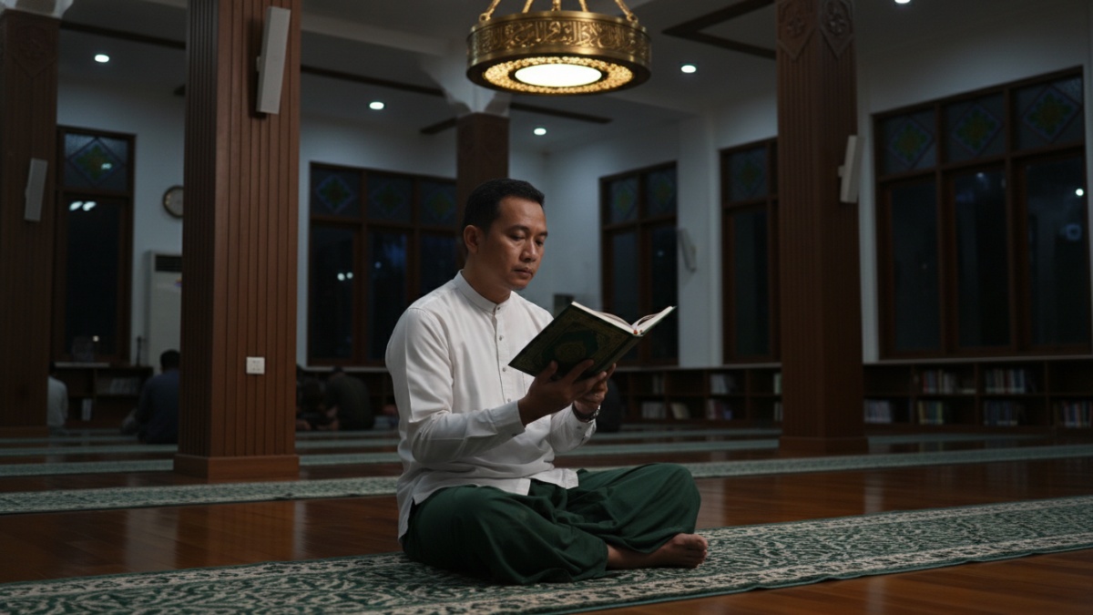 Suasana Ngaji Bareng Ansor Kabunan di Mushala Al-Falah saat Ramadhan dengan jamaah mengikuti kajian Fiqih malam hari.