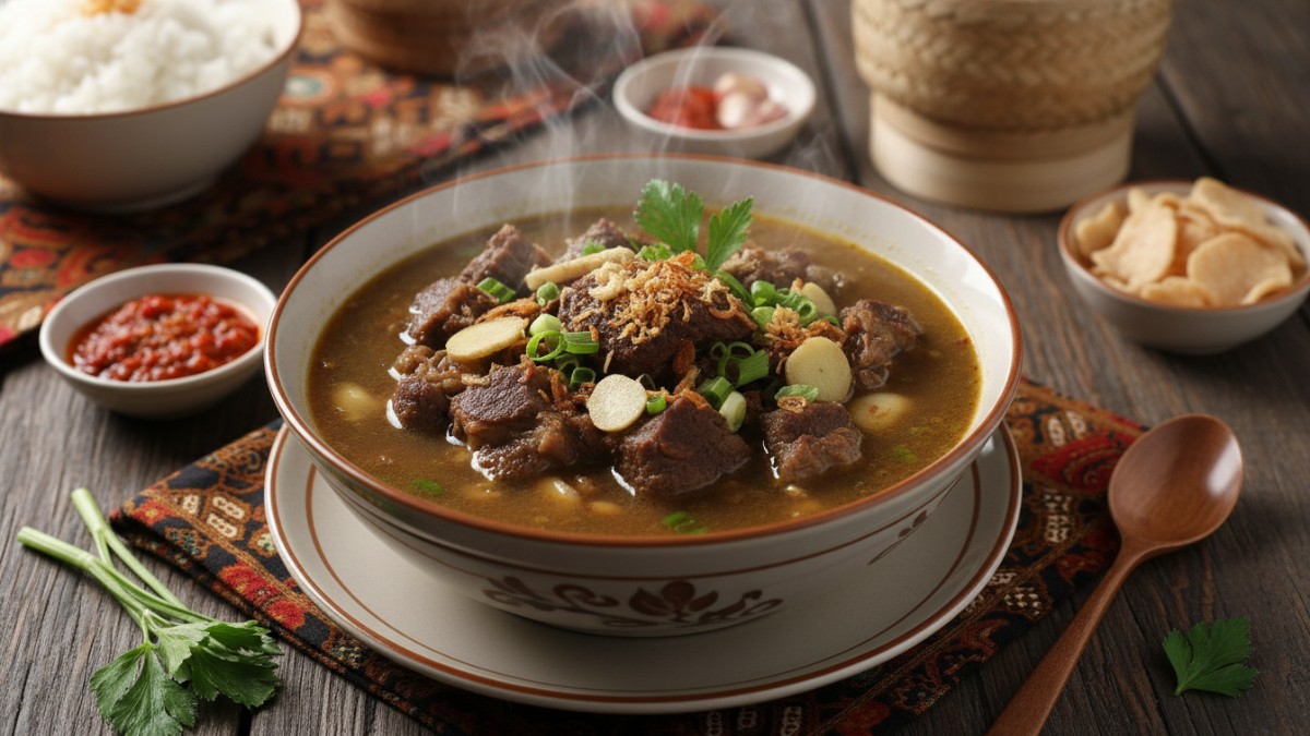 Sop kerbau rempah Sop ini mirip sop daging sapi, tetapi menggunakan kaldu yang direbus lama bersama jahe, bawang putih, dan pala. Hasilnya kuah gurih dengan aroma hangat. Cocok untuk makan malam kelua