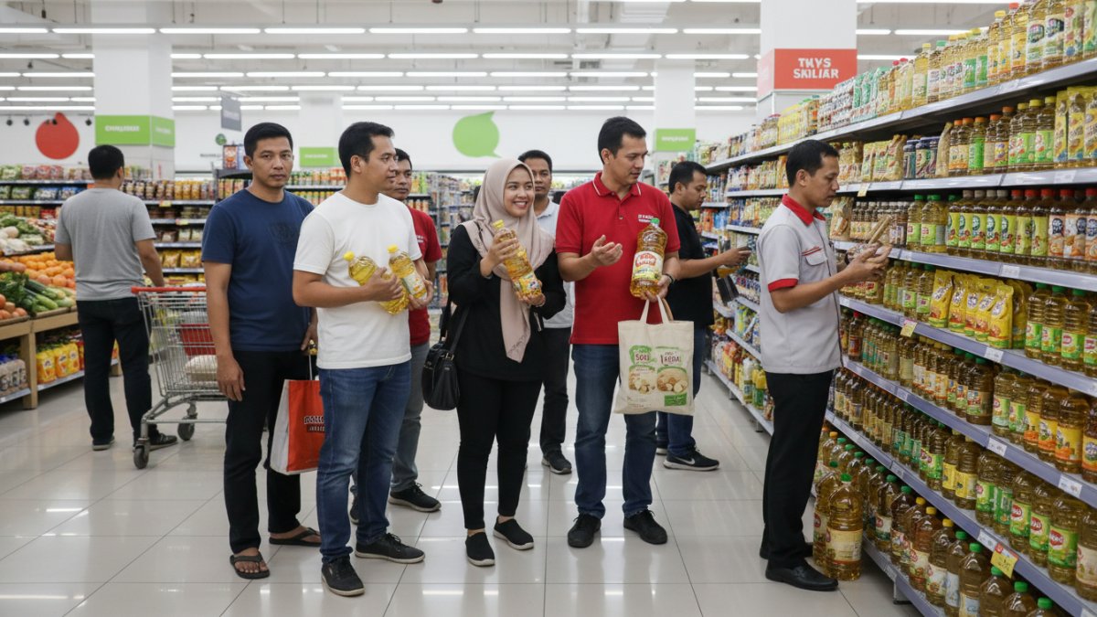 Antrean warga membeli minyak goreng curah saat Ramadan menggambarkan tekanan ekonomi akibat kenaikan harga kebutuhan pokok.