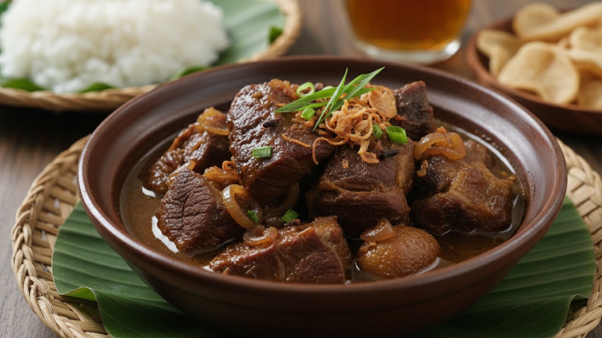 Semur kerbau kecap Teknik semur membantu serat daging menjadi lembut karena dimasak dalam waktu panjang bersama kecap, bawang, dan pala. Rasanya manis gurih dan cocok dengan nasi hangat