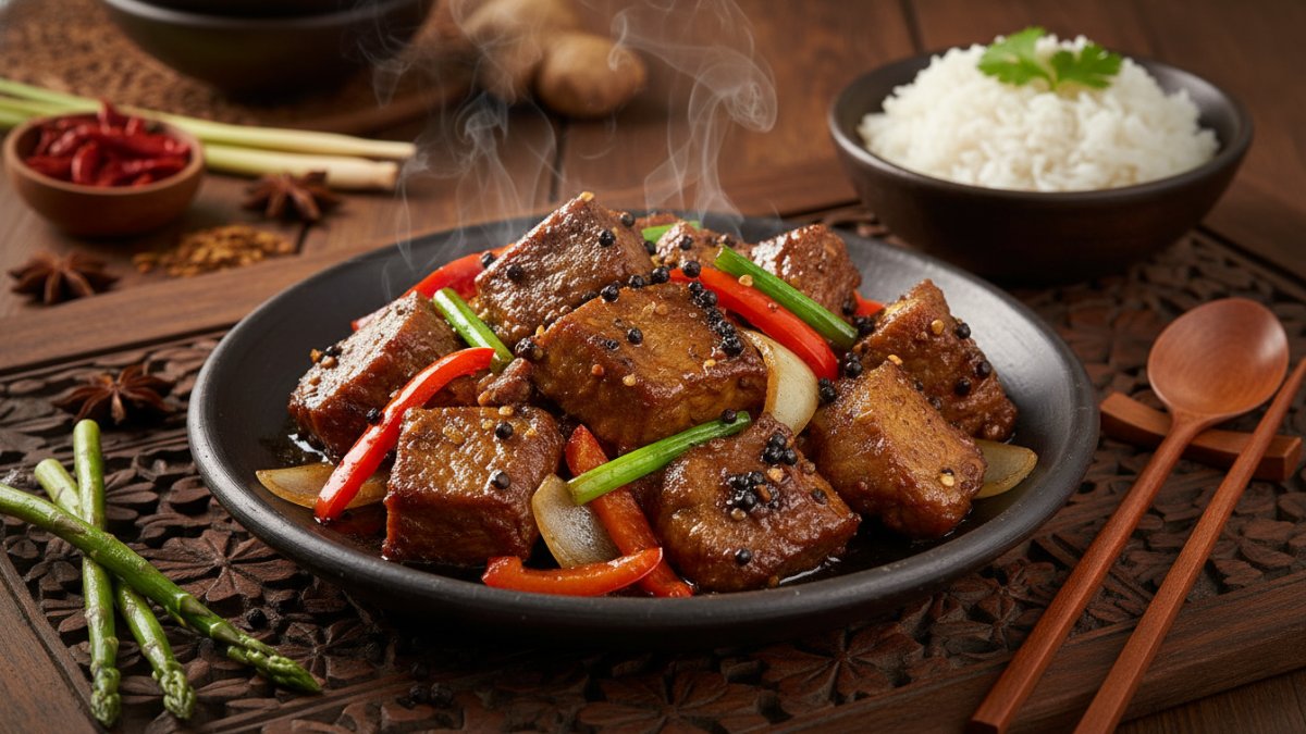 Kerbau lada hitam Menu ini terinspirasi masakan Asia Timur. Daging ditumis cepat setelah direbus setengah empuk. Bumbu lada hitam memberi rasa kuat.