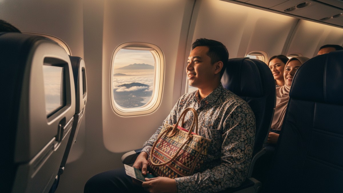 Ilustrasi suasana mudik Lebaran dengan berbagai transportasi, termasuk pesawat, sebagai simbol perjalanan safar menjelang Idul Fitri.