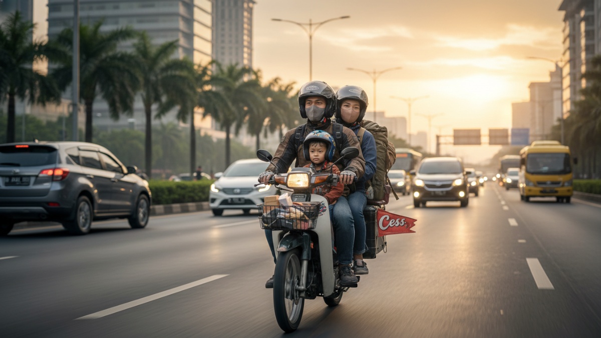 Keluarga mudik naik sepeda motor bersama anak di jalan raya, ilustrasi pentingnya keselamatan dan kenyamanan perjalanan mudik Cess. 