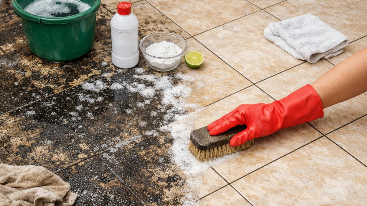 Lantai rumah dengan kerak hitam yang mulai dibersihkan menggunakan bahan sederhana, cocok untuk persiapan Lebaran.