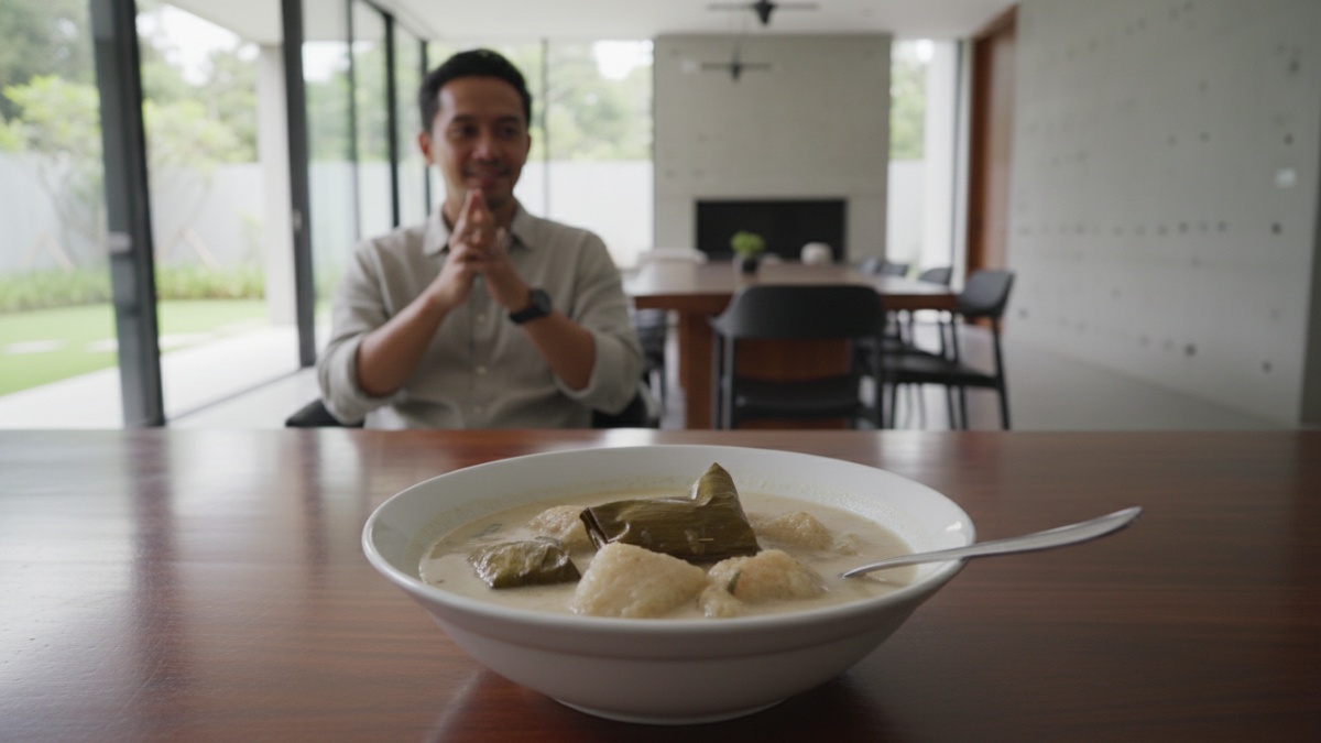 Sajian buras dengan kuah santan di mangkok keramik tradisional. 