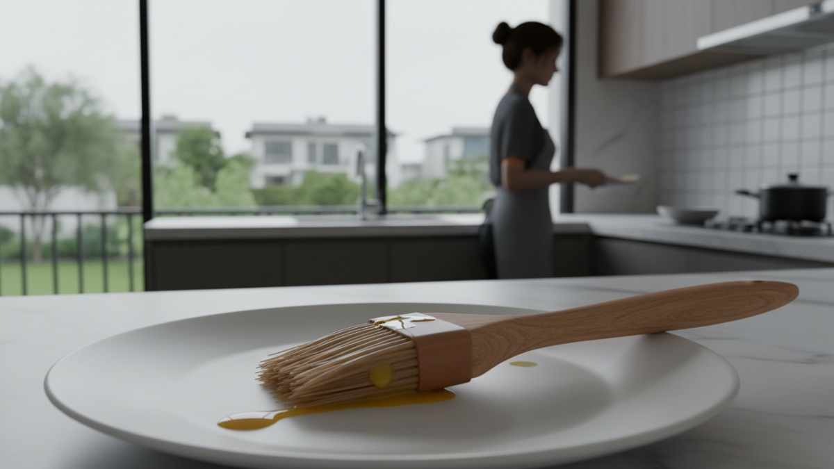 Kuas dapur dengan sisa telur pada bulu kuas setelah digunakan untuk olesan kue 