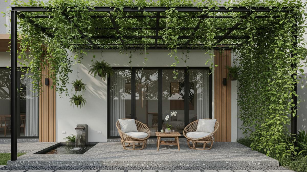 Teras rumah minimalis dengan kanopi rangka besi dipenuhi tanaman rambat hijau yang menjuntai, menciptakan area duduk depan rumah terasa teduh dan segar di iklim tropis.