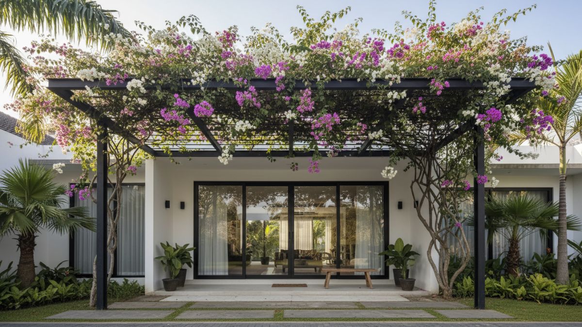 Desain kanopi pergola minimalis dengan tanaman rambat bougenville yang tumbuh di atas rangka, menciptakan tampilan fasad rumah lebih hidup dan berwarna.