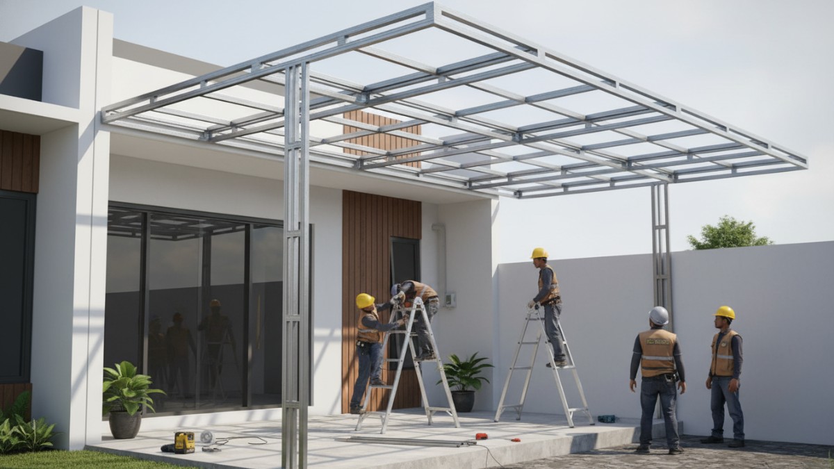 Proses pemasangan rangka kanopi baja ringan di teras rumah minimalis sebelum tanaman rambat ditanam, memperlihatkan struktur rangka yang kuat sebagai penopang.