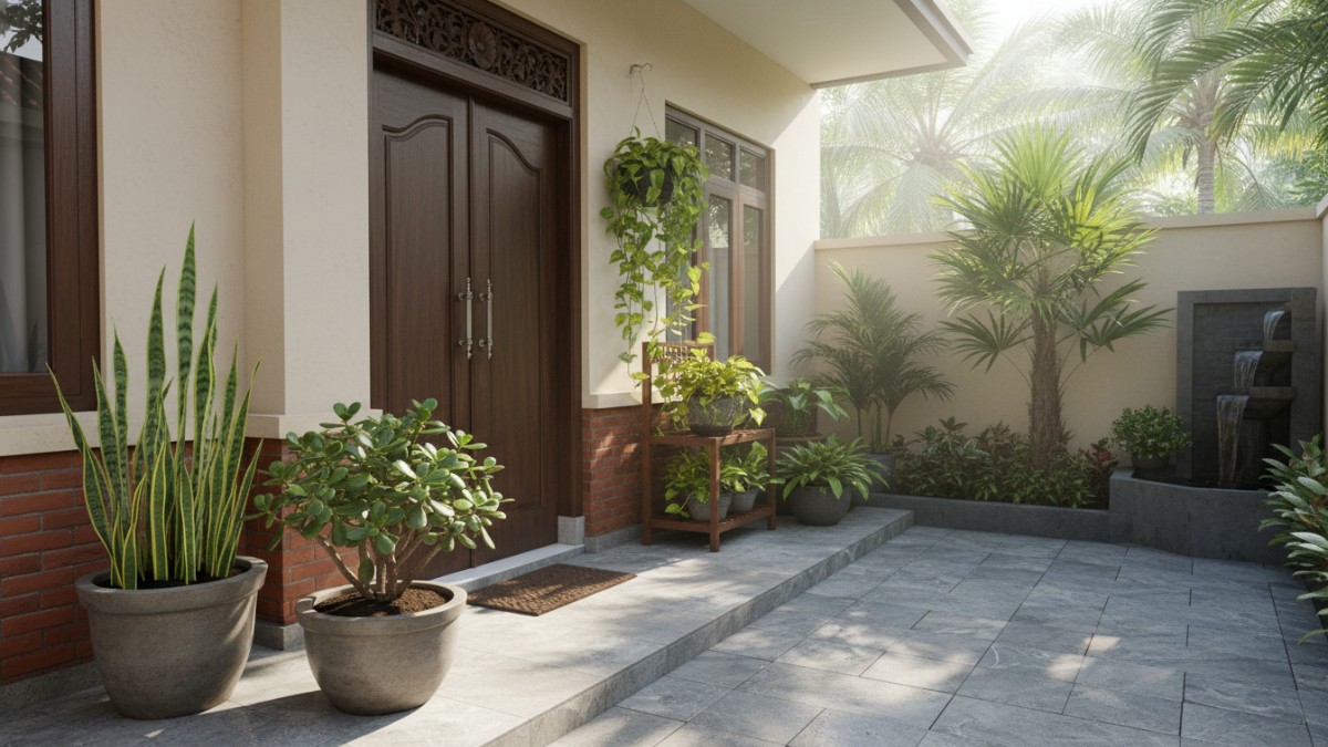 Halaman rumah tropis dengan berbagai tanaman hias outdoor seperti lidah mertua, jade plant, dan pothos yang ditata rapi di dekat pintu masuk rumah, menggambarkan konsep taman rumah dengan energi posit