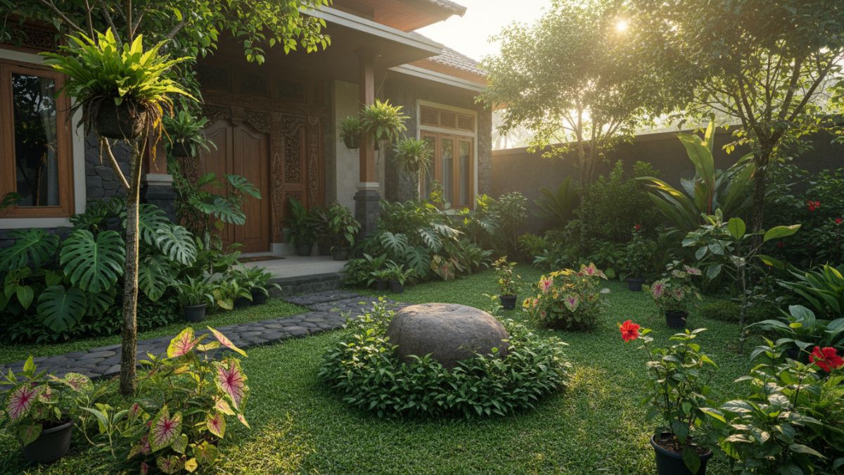 Ilustrasi tanaman hijau sehat di halaman rumah dengan sinar matahari pagi yang menyinari daun-daun segar, menggambarkan elemen alam yang dalam feng shui dipercaya membantu menciptakan keseimbangan ene