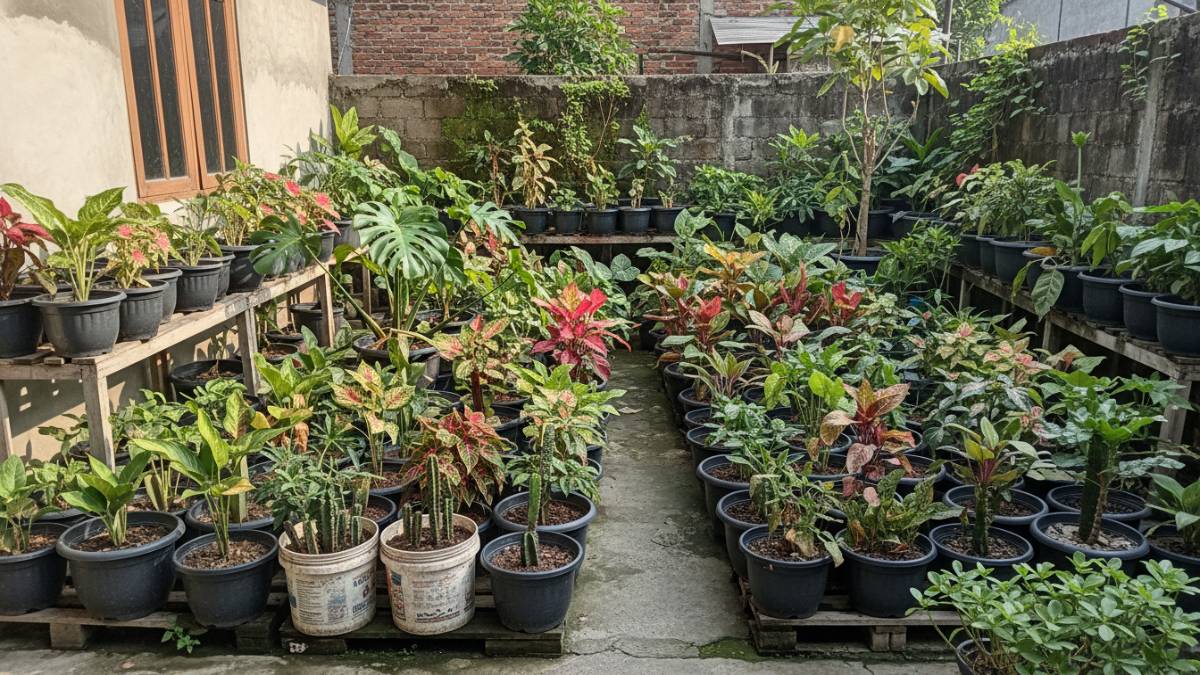 Contoh halaman rumah dengan terlalu banyak pot tanaman yang diletakkan rapat tanpa jarak, memperlihatkan kondisi taman yang terlihat penuh dan kurang rapi karena tidak memperhatikan penataan.