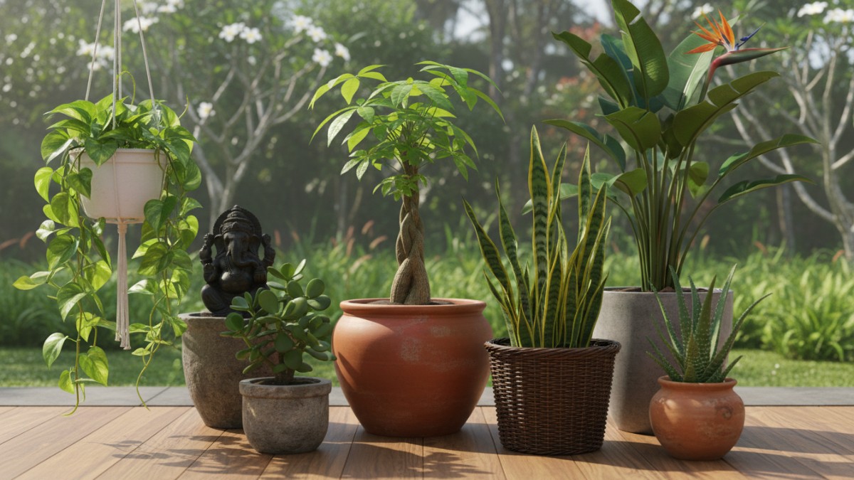 Koleksi beberapa tanaman feng shui populer seperti pohon uang, jade plant, lidah mertua, pothos, aloe vera, dan bird of paradise yang diletakkan di pot taman sebagai inspirasi tanaman pembawa energi p