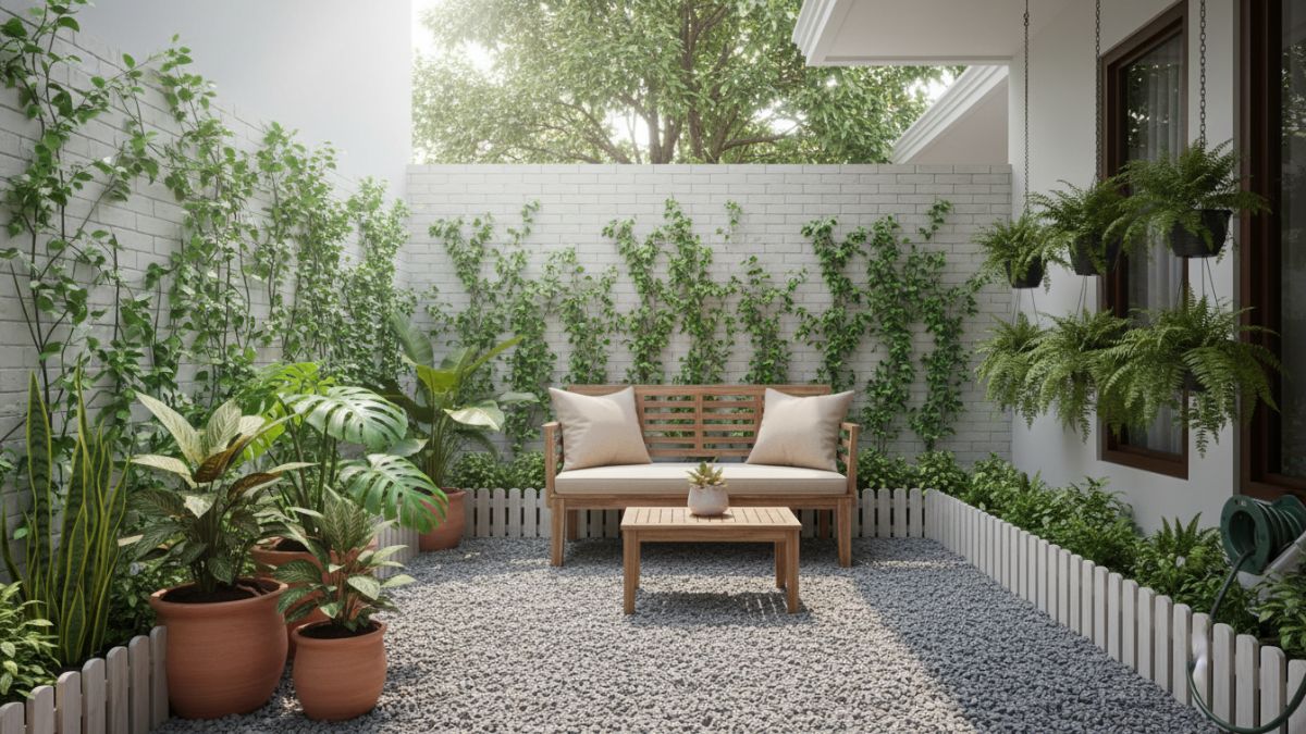  Contoh taman minimalis ukuran kecil sekitar 2x3 meter di halaman rumah dengan beberapa pot tanaman hias yang ditata sederhana namun ter