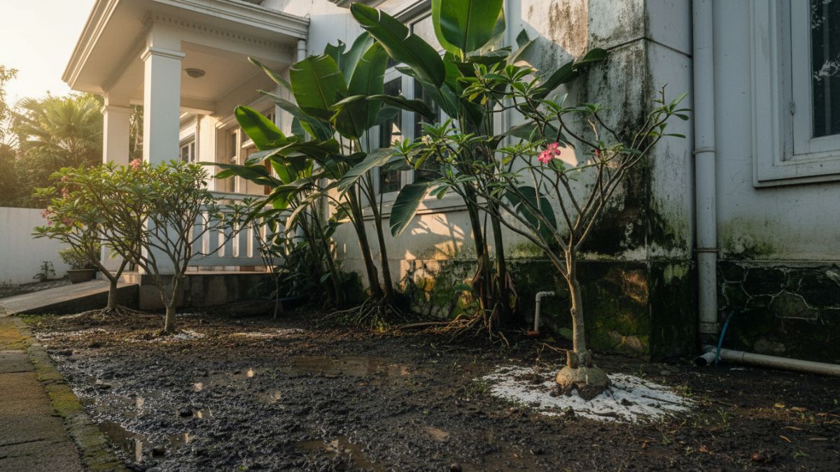 Ilustrasi tanaman besar yang ditanam terlalu dekat dengan dinding rumah serta area tanah yang lembap akibat penyiraman berlebihan, menunjukkan kesalahan umum dalam penataan taman rumah.
