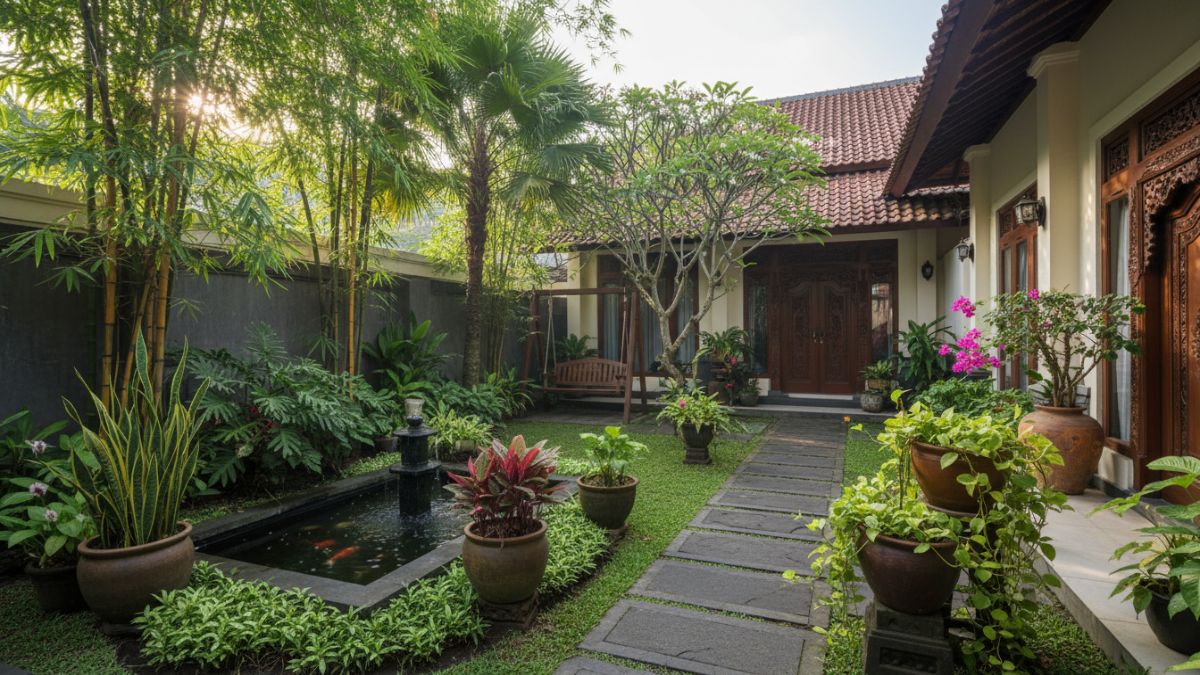 Taman rumah dengan kombinasi tanaman tinggi dan rendah serta pot yang tertata rapi di jalur masuk rumah, menciptakan tampilan halaman yang seimbang dan nyaman dipandang. 