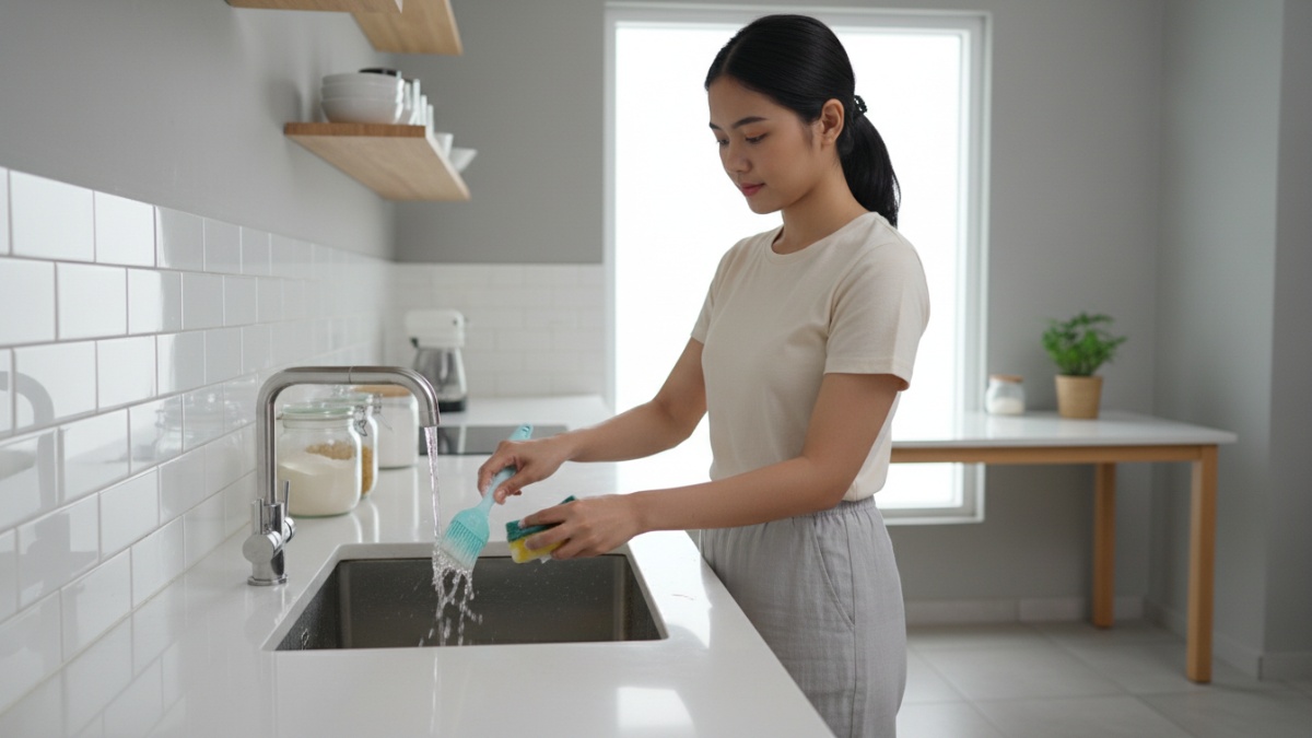 Kuas dapur untuk olesan telur pada kue Lebaran sedang dibersihkan di wastafel dapur rumah. 