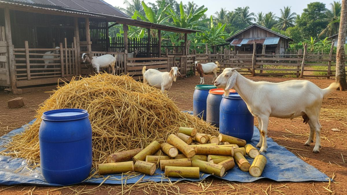 Tumpukan jerami padi dan batang pisang yang disiapkan sebagai bahan pakan fermentasi kambing, menunjukkan pemanfaatan limbah pertanian menjadi sumber nutrisi ternak.