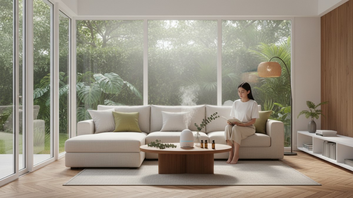 Ruang tamu rumah tropis dengan diffuser aroma terapi yang membuat suasana rumah terasa segar dan nyaman. 