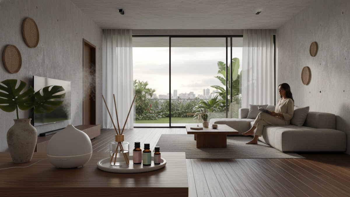 Berbagai jenis pengharum ruangan seperti diffuser, reed diffuser, dan essential oil. 