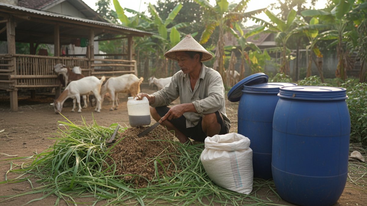 Peternak mencacah rumput gajah dan mencampurnya dengan dedak serta larutan mikroba sebelum dimasukkan ke dalam drum fermentasi. 