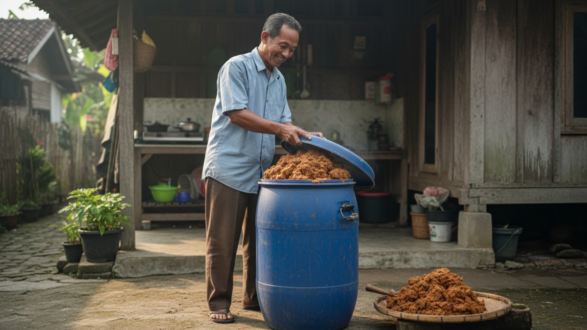 Pakan fermentasi yang sudah matang dengan tekstur lembap dan warna kecokelatan saat dibuka dari drum penyimpanan setelah proses fermentasi sekitar satu minggu 
